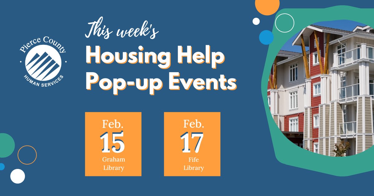 We're partnering with <a href="/tacomaprobono/">tacomaprobono</a> for Housing Help Pop-up Events to help with rental/utility assistance and answer your questions. This week we have 2 events: Feb. 15 at the Graham Library and Feb. 17 at the Fife Library. Learn more: PierceCountyWa.Gov/HousingHelp.