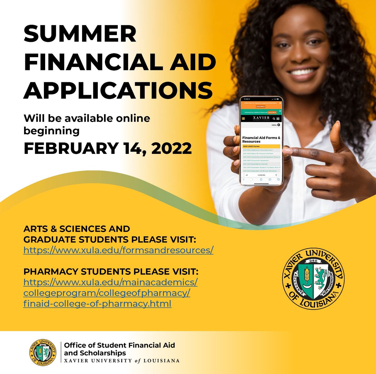 XUFinancialAid's tweet photo. The Financial Aid Summer 2022 Application is officially out. Be sure to complete yours! For those XULA scholarship recipients concerned with keeping your scholarship you can attend Summer classes in an attempt to meet the GPA &amp; Credit hour requirements.
#XULA #summersemester2022 https://t.co/4W5PjC5mc0