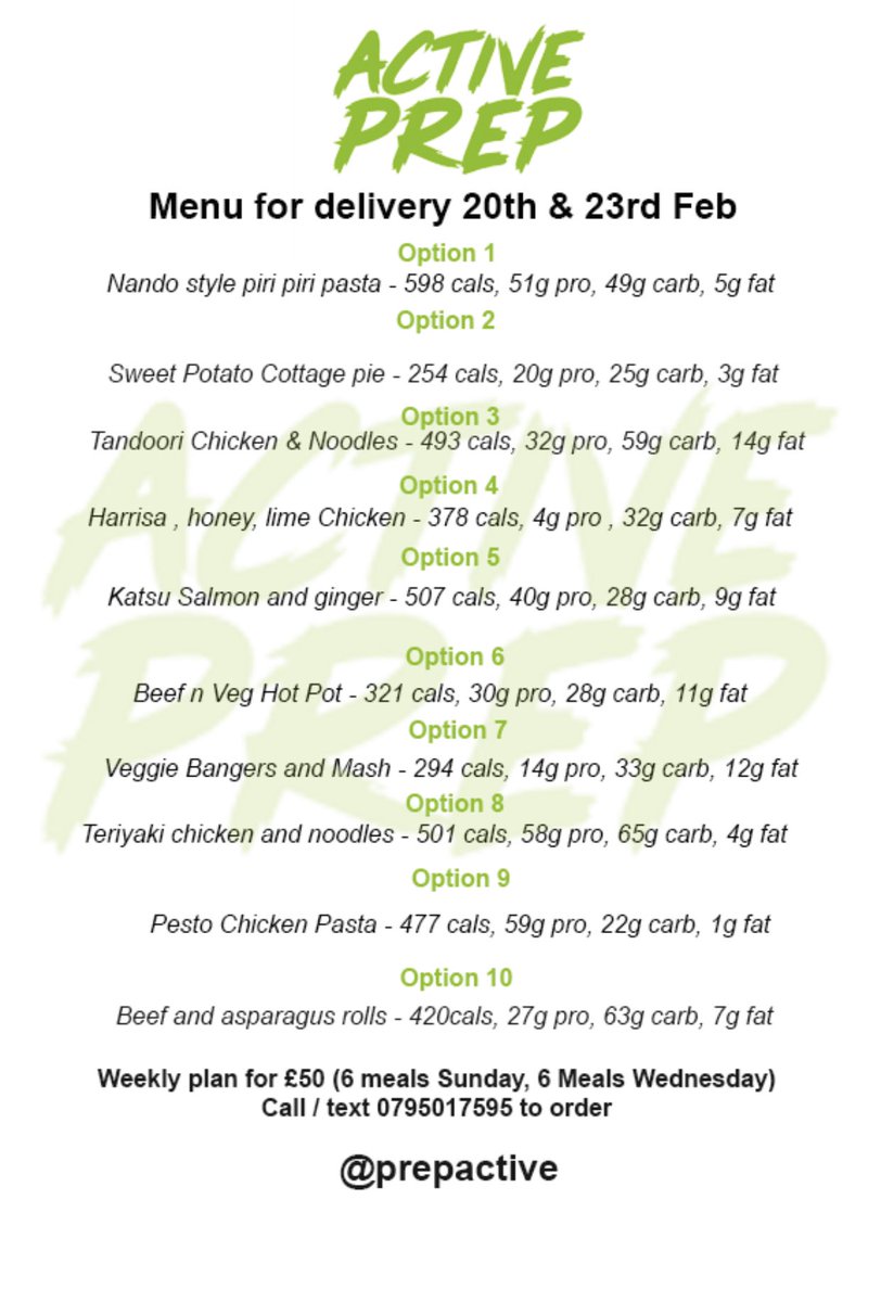 PrepActive's tweet image. Here is this weeks menu for delivery on Sunday  . If you could let us know early that would help out massively.  Deadline is 12pm Saturday. 
Half week package £26 (6 meals)
Full week package £50 (12 meals) 
Half your meals delivered Sunday and half Wednesday Call/text 07950175959