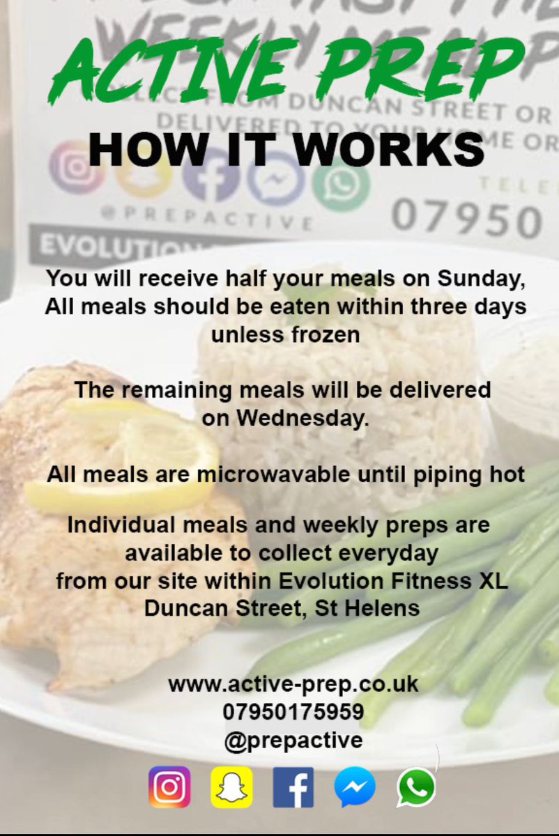 PrepActive's tweet image. Here is this weeks menu for delivery on Sunday  . If you could let us know early that would help out massively.  Deadline is 12pm Saturday. 
Half week package £26 (6 meals)
Full week package £50 (12 meals) 
Half your meals delivered Sunday and half Wednesday Call/text 07950175959