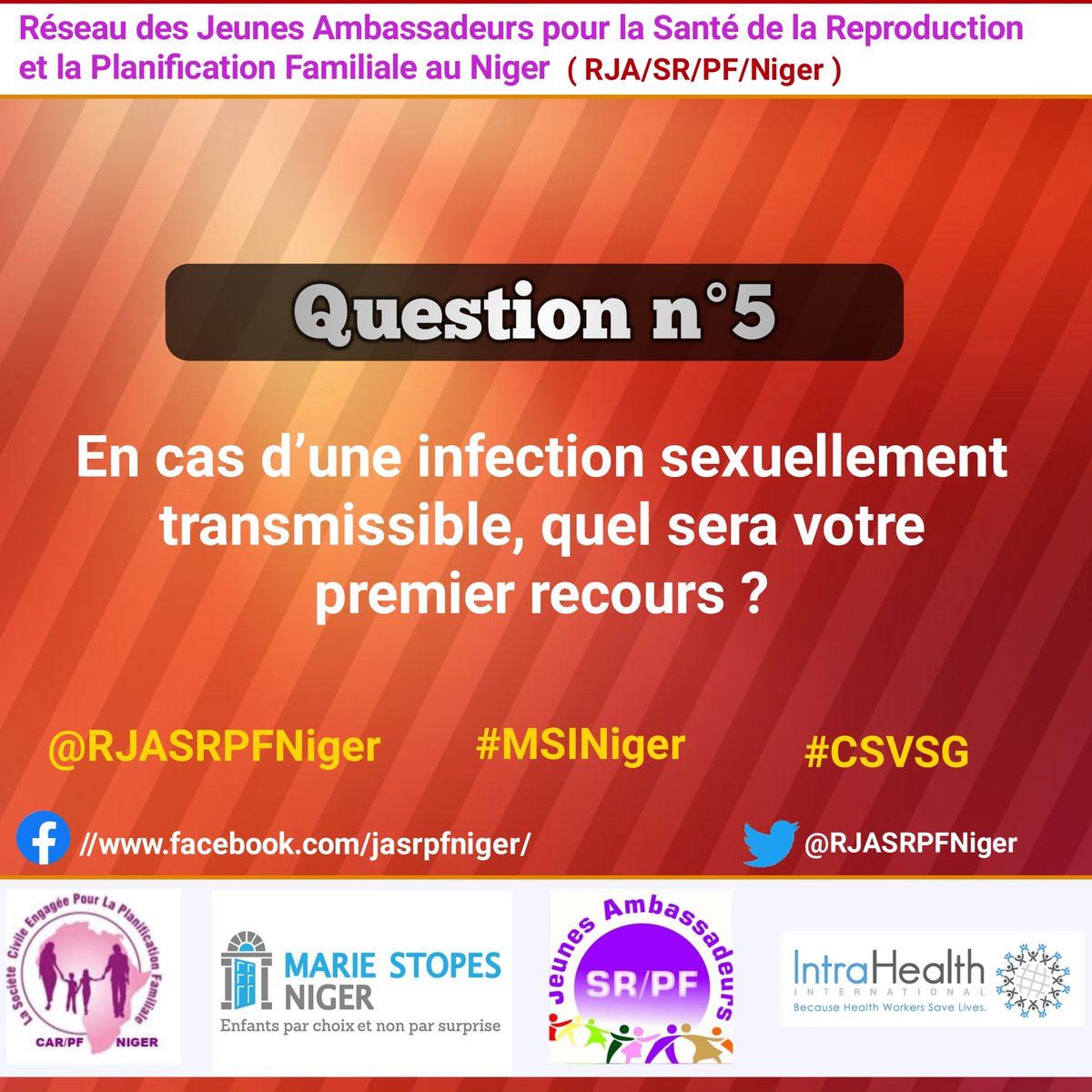 RJASRPFNiger's tweet photo. Question n°5 : En cas d'une infection sexuellement transmissible, quel sera votre premier recours ?
@RJASRPFNiger 
#MSINiger
#CSVSG 

@CoalitionAu @MSP_Niger @RJASRPFMALI @japfbenin @POuagaPF @DrIlliassou @IssoufaHarou @YaouMOUSSA @MariamAbdou2 https://t.co/j0dTNGjxd6