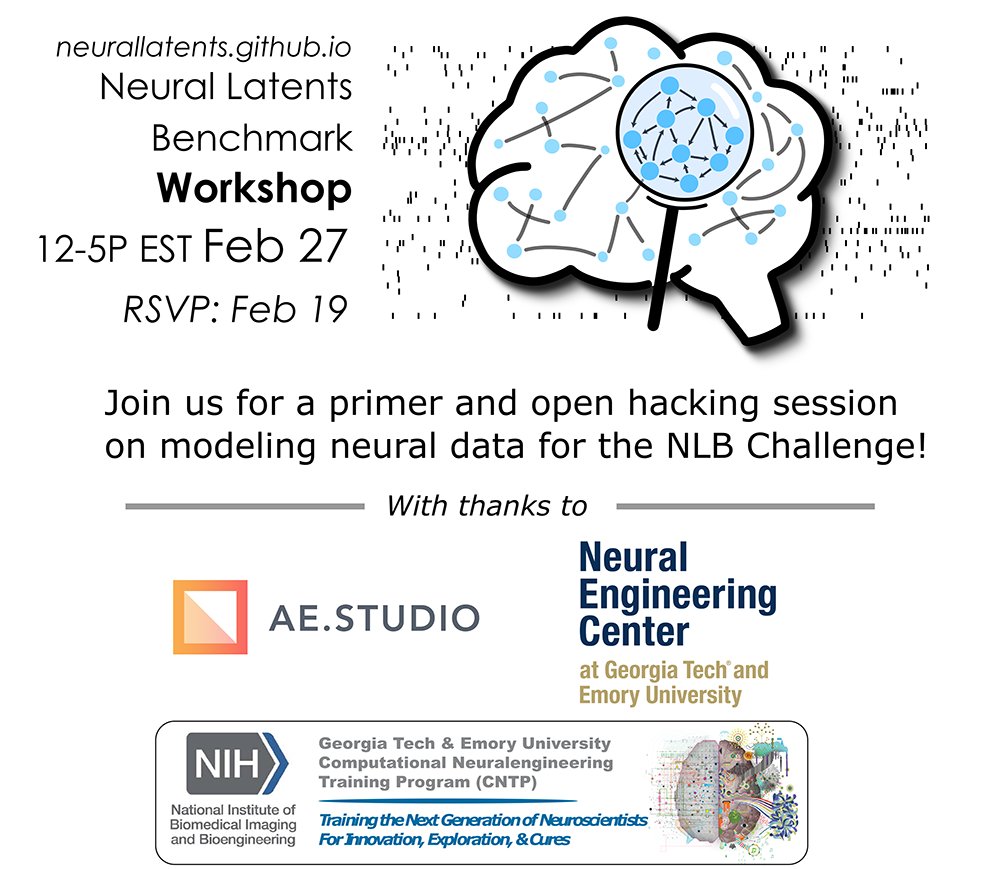 🚨Neural Latents Benchmark Updates!!🚨 TLDR: Virtual Workshop/Hackathon 💻📈 Sun Feb 27, 12p-5p ET Join us! Signup: forms.gle/YqWfqngaTiGuH7… Phase 1: Won in an impressive showing by @aestudio! 🏆 New Competition Phase 2!! Deadline April 3 💸 1/