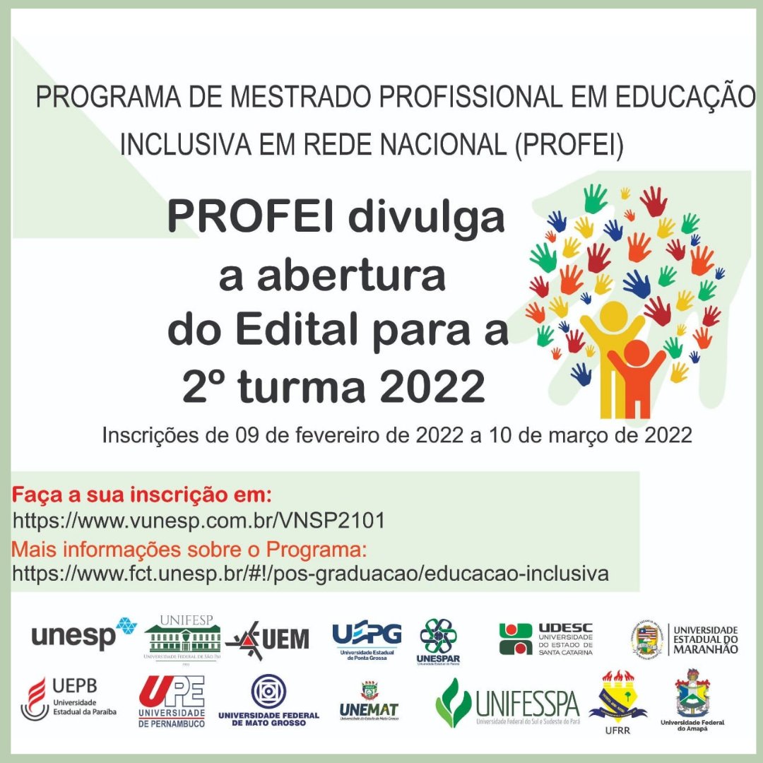 unifesp's tweet photo. Professores(as) da rede pública da educação básica podem se inscrever, até 10/3, para o #mestrado profissional em Educação Inclusiva, do PROFEI. São disponibilizadas, por meio da UAB/Unifesp, 8 vagas para preenchimento ainda em 2022: https://t.co/s5qqqKtmBO. #unifesp https://t.co/4n8ff9OSUc