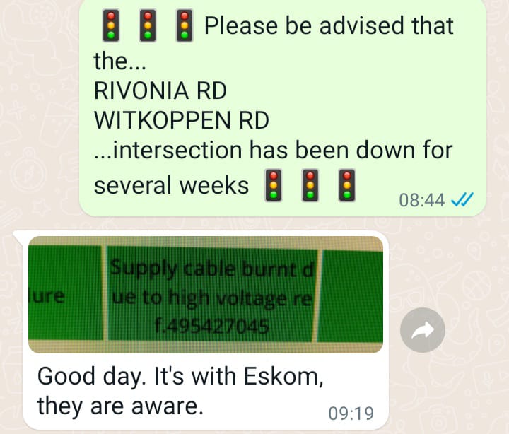 #ESKOM_sa #eskomgauteng #myjra #gpdrt hi can Jra and Eskom stop playing the blame game and fix the traffic lights at Rivonia Rd & Witkoppen Rd and Rivonia rd & N1 s off-ramps. Traffic Lights AO for 35 Days ... Yes more than a month