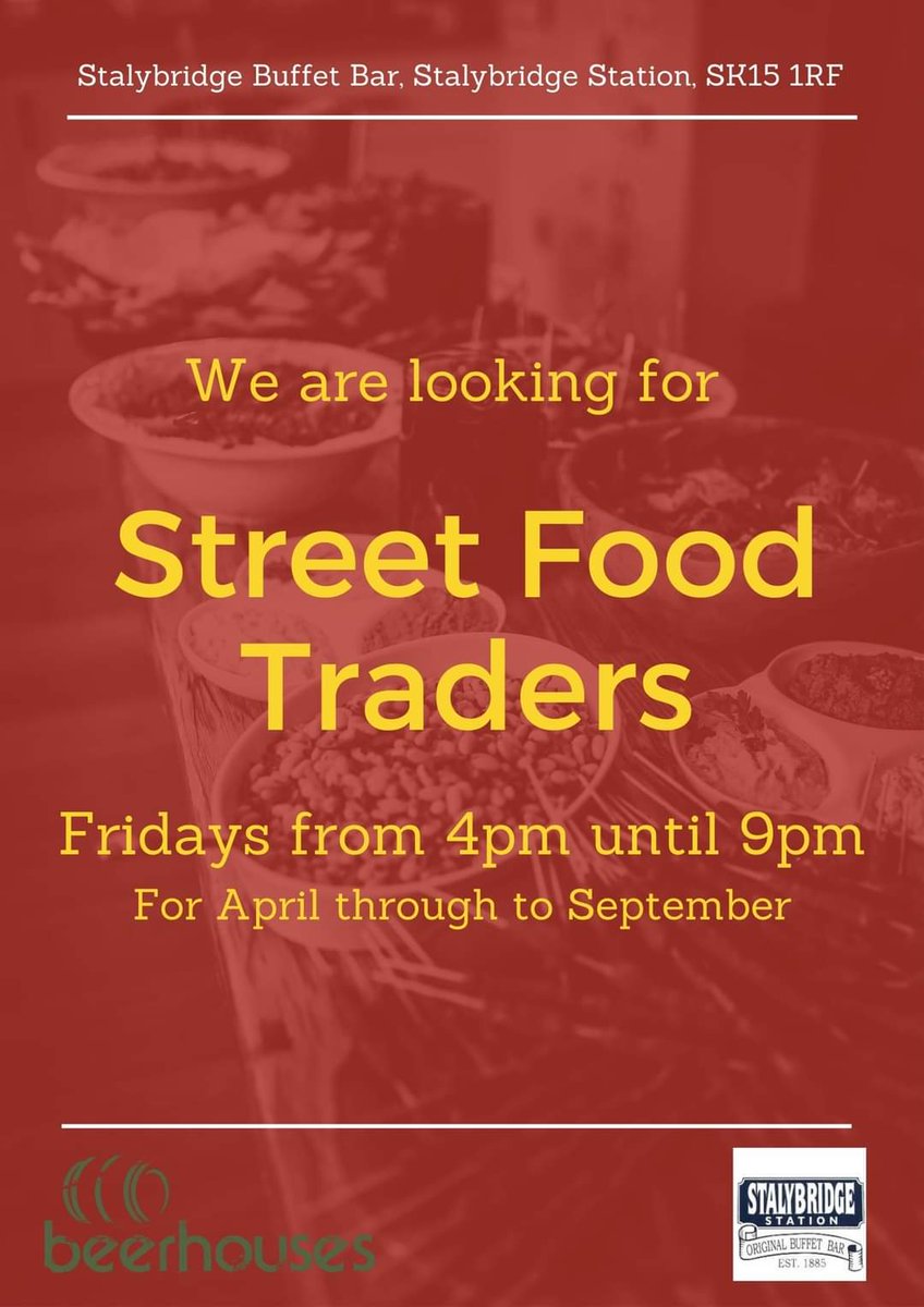 Stalybuffetbar's tweet photo. We're on the lookout for some more Steert Food traders to provide the hungry folks of Stalybridge with some top class Friday Food.

Get in touch now. https://t.co/TXSPzLtP7a