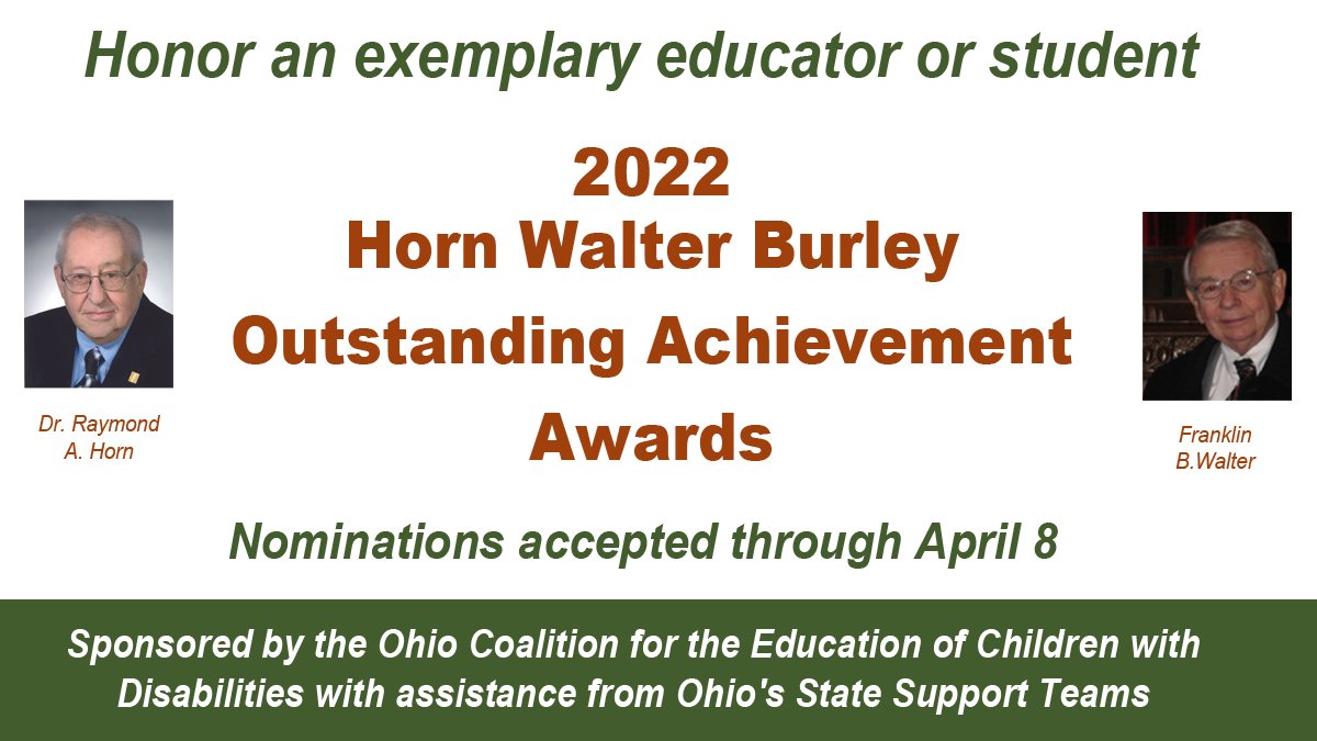 It's time! 

Honor a deserving student and/or educator with a nomination for the R.A. Horn Outstanding Achievement Award and Franklin B. Walter Outstanding Educator Award.

Nomination forms accepted now through April 8.

bit.ly/3JoOCrF