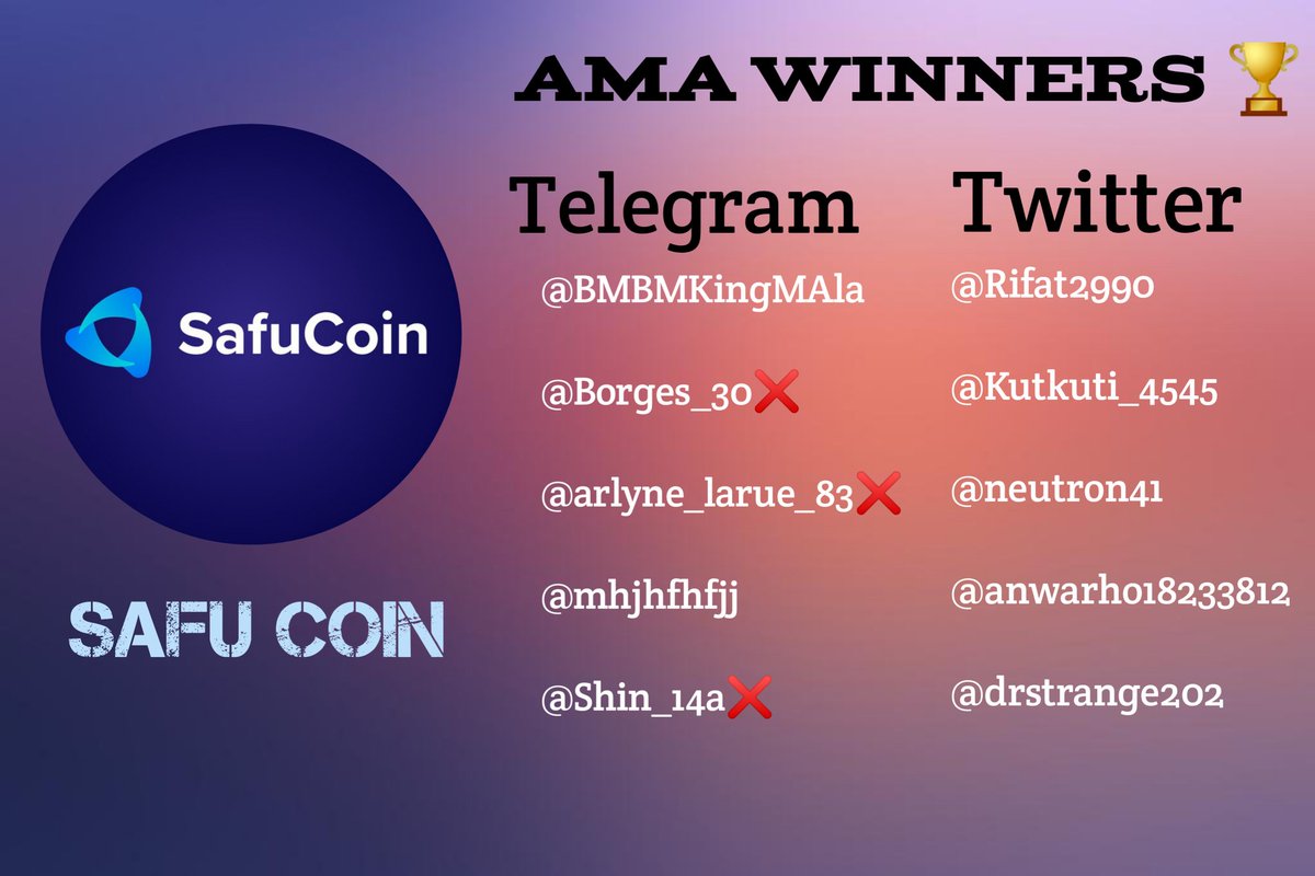 CryptoVenture41's tweet photo. It was a great #AMA with @SAFU_Community!🔥

We've received lots of questions from the community!
Here are the winners of twitter questions ⤵️
1️⃣@drstrange202
2️⃣@anwarho18233812
3️⃣@neutron41
4️⃣@Kutkuti_4545
5️⃣@Rifat2990

Congrats to the winners 👏👏
See you on next event 🤩 https://t.co/2C9aSzGx0P