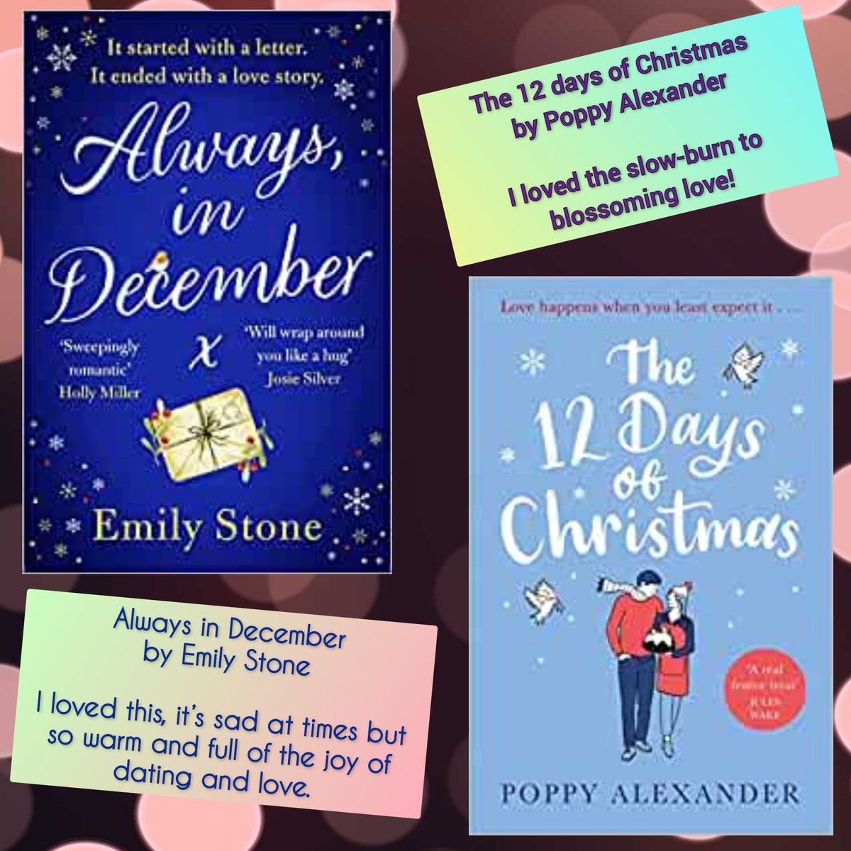 Squadpod3's tweet photo. Can your sofa time take another two suggestions? I'm sure you can squeeze in two festive delights (yes, I know, but they're so good!) #AlwaysInDecember by @EmStoneWrites @headlinepg and #The12DaysOfChristmas by @SarahWaights @orionbooks 
#SquadpodSpecial #ValentinesDay https://t.co/IsuUOQfAmU