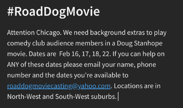 theroaddogmovie's tweet image. Attention Chicago. Extras needed. Please RT #roaddogmovie
