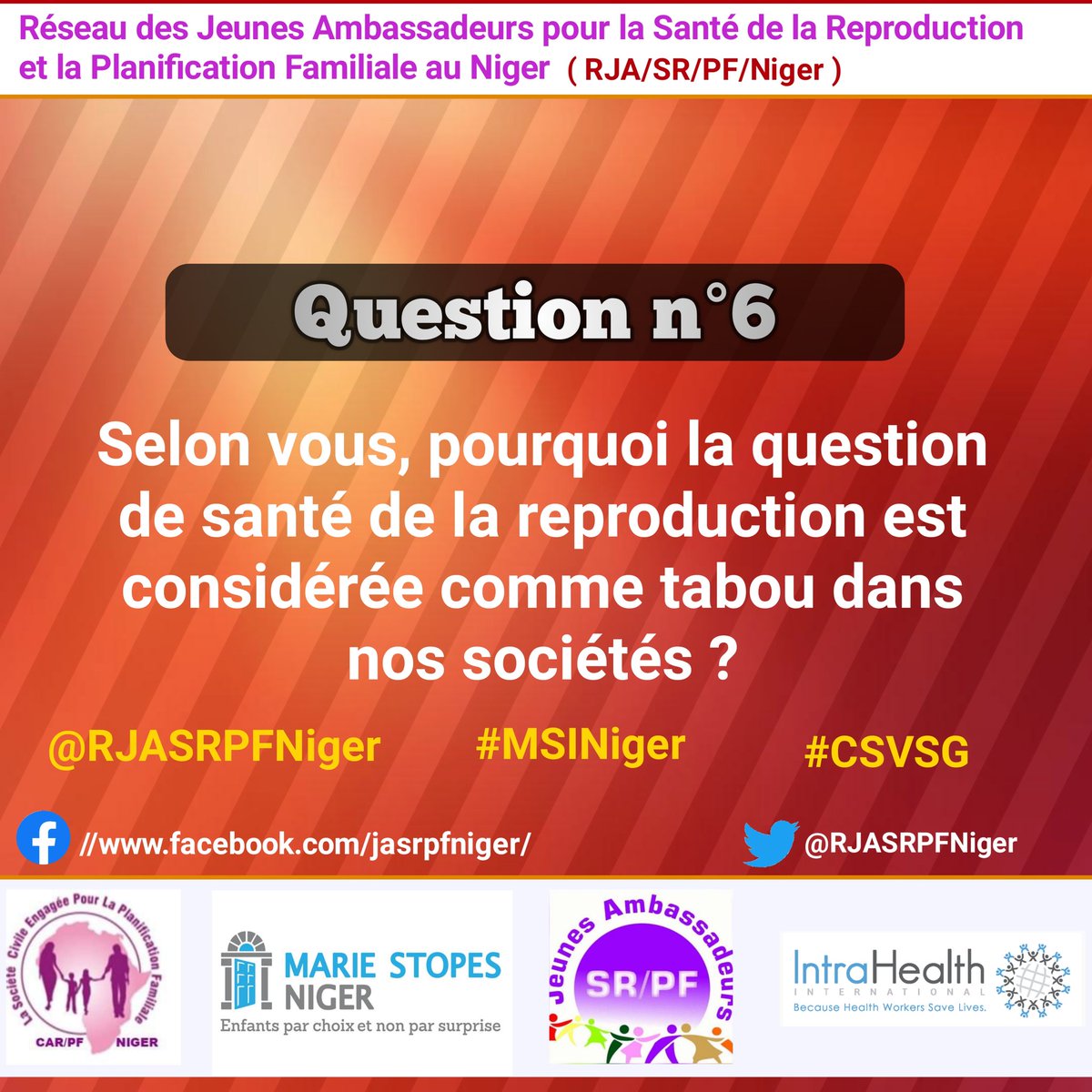 RJASRPFNiger's tweet photo. Question n°6 : Selon vous, pourquoi la question de santé de la reproduction considérée comme un tabou dans nos sociétés ?
@RJASRPFNiger 
#MSINiger
#CSVSG 

@CoalitionAu @MSP_Niger @RJASRPFMALI @japfbenin @POuagaPF @DrIlliassou @IssoufaHarou @YaouMOUSSA @MariamAbdou2 https://t.co/vwIMg6uhzq