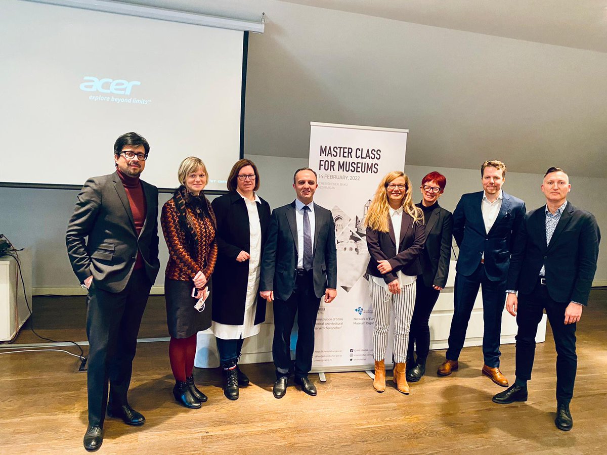 1st meeting of the new NEMO Executive Board since the elections in 2021. From the left: Sergio Servellón, Dagmar Ingi, Aleksandra Berberih-Slana, host Elsever Mammadov, NEMO Secretary General Julia Pagel, Liv Ramskjaer, Lodewijk Kuiper &amp; David Vuillaume. Eva Koppen couldn't join.