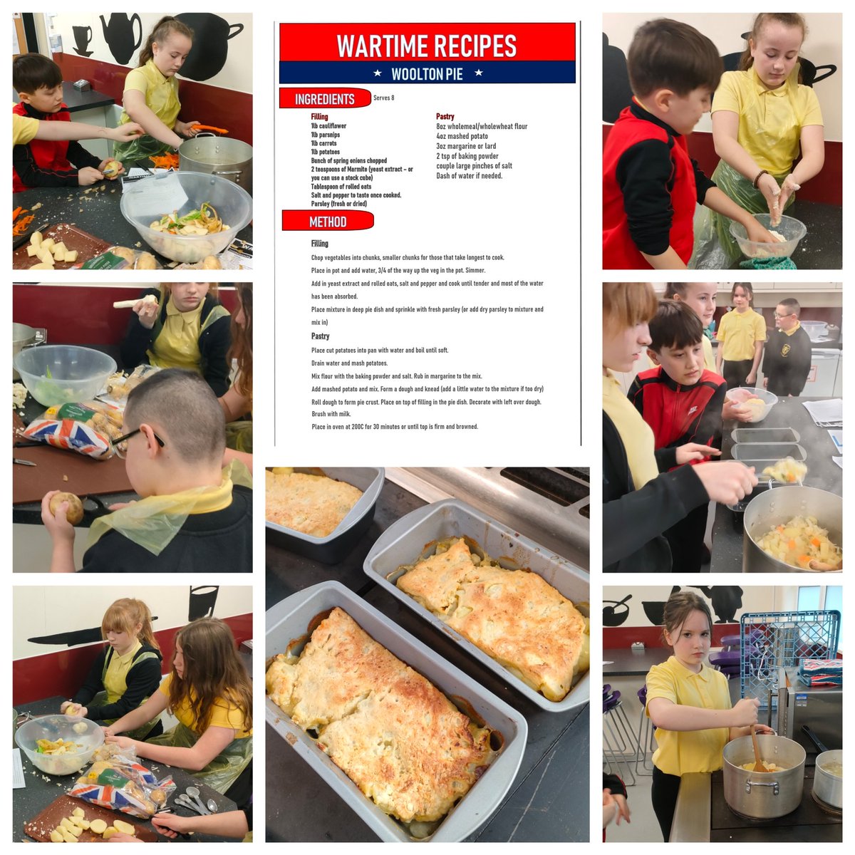YsgolCC's tweet photo. #DosbarthLlanberis have been learning about wartime recipes and rationing today. We made a Woolton pie and an eggless chocolate cake.
The ones who tried the pie were pleasantly surprised by the flavour but sadly the cake was disappointing as it was very bitter 😝 #WW2Rationing https://t.co/Kv6T5WGt23