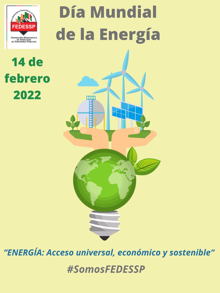 #14defebrero #DíaMundialdelaEnergía: 
Una fecha para la concienciación sobre el uso sostenible de la energía
La evolución hacia un modelo energético eficiente es esencial para mantener nuestro planeta sano. #SomosFEDESSP  <a href="/agusaviles1/">Agustín Avilés</a> <a href="/marudavalos29/">Maru Dávalos</a> <a href="/palomitarelowde/">María</a> <a href="/valenzo14/">Otilio Valenzo Romero</a>