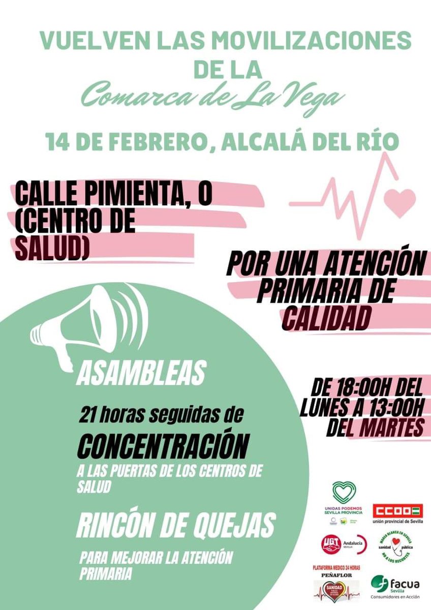 iualcaladelrio's tweet photo. 🔴 MOVILIZACIONES EN DEFENSA DE LA SANIDAD PÚBLICA‼️

🗓 14 de febrero
📍 Centro de Salud Alcalá del Río 
⏰ 18h: CONCENTRACIÓN y ACAMPADA nocturna

¡Os esperamos esta tarde!

#SanidadPública 
#OtraPolíticaEsPosible https://t.co/U7BbNbKHDE