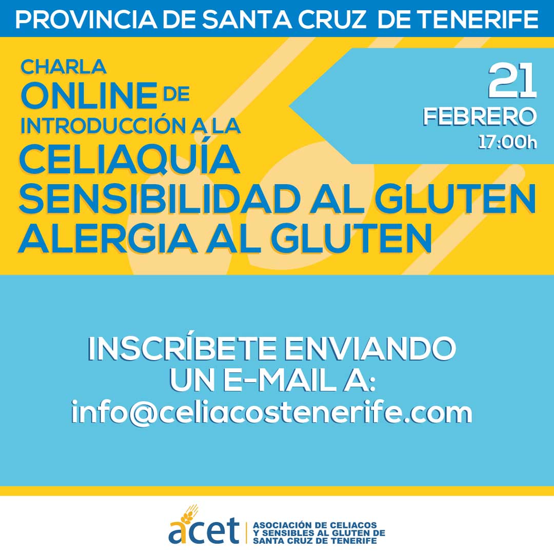 Charla Mensual de Introducción a la Celiaquía online
Esta charla está dirigidas a personas celiacas y convivientes, residentes en la provincia de S/C de Tenerife.
Inscríbete enviando un email a info@celiacostenerife.com o en nuestro formulario: celiacostenerife.com/charlas-celiaq…