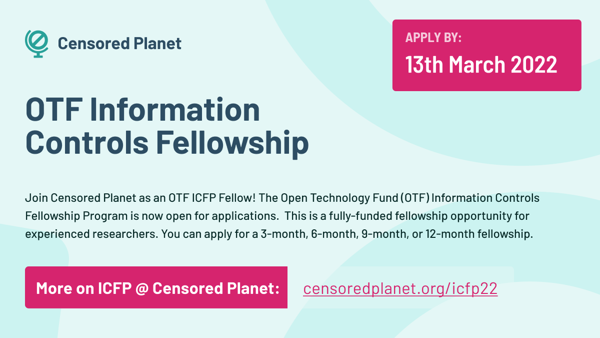 Apply to join <a href="/CensoredPlanet/">Censored Planet</a> as a 2022 <a href="/OpenTechFund/">Open Technology Fund</a> ICFP Fellow:
censoredplanet.org/icfp22

This is a unique opportunity to work on interesting and impactful problems. We are accepting applications from diverse backgrounds.

Feel free to reach out to me