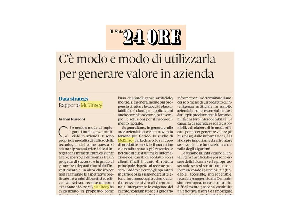 McKinsey_it's tweet photo. Cresce l’adozione dell’#IntelligenzaArtificiale da parte delle aziende, in particolare per lo sviluppo di nuovi prodotti e servizi e nelle funzioni di marketing e vendite. L’articolo del @sole24ore sul report McKinsey https://t.co/kFeoGwDaYt https://t.co/cptxdSQFcJ