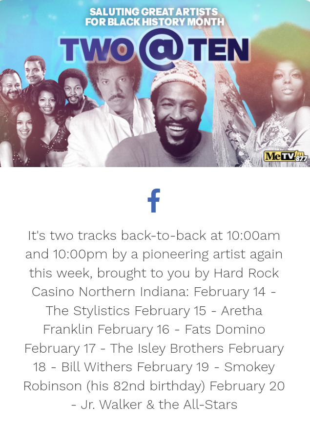 VenusInMomJeans's tweet photo. Saluting Great Artists for #BlackHistoryMonth #TwoAtTen on the radio at 10a.m. and 10p.m. on 87.7FM @MeTVFM https://t.co/Xi58ajZVps