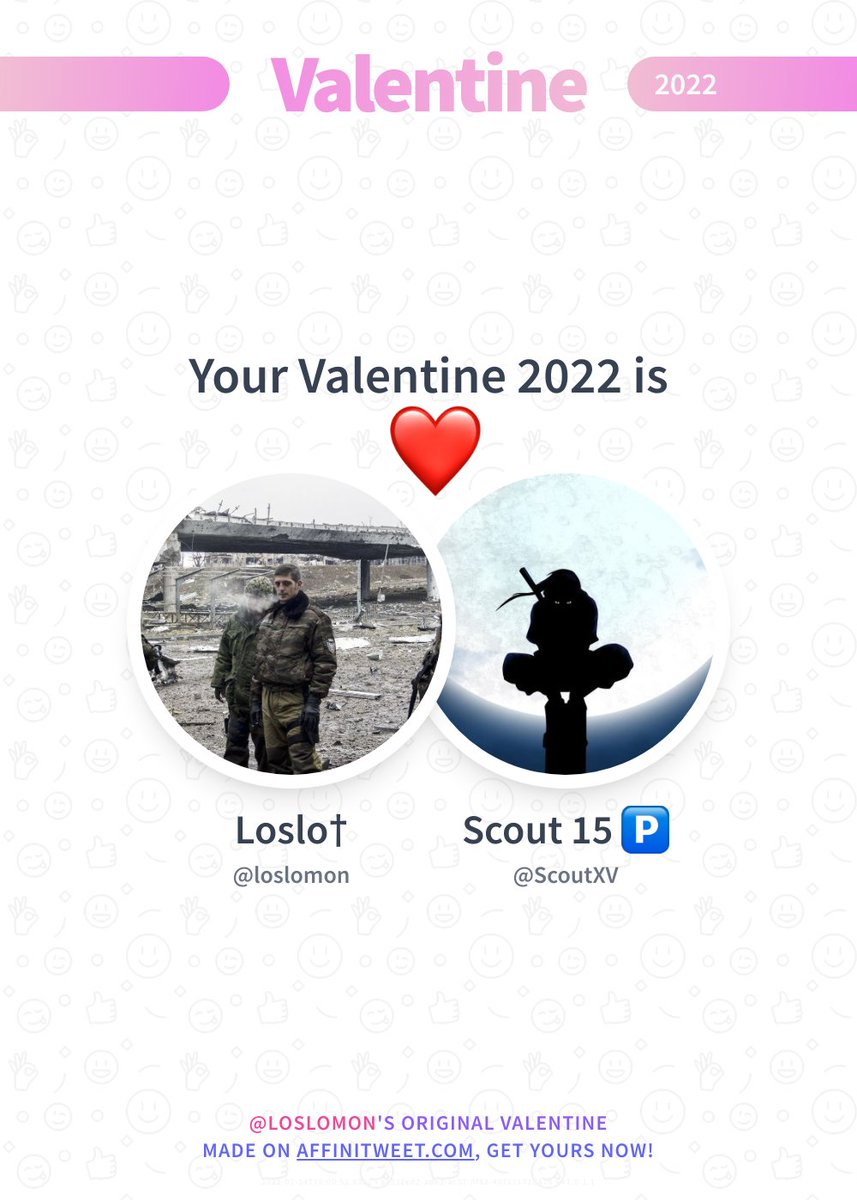 ✨ Valentine

This year you're mine ScoutXV! ❤️
And you, whom will be yours?

➡️ affinitweet.com/valentine