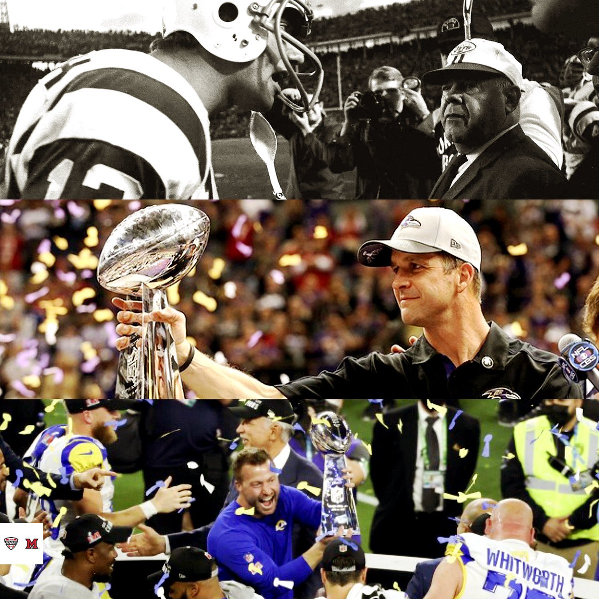 MACSports's tweet photo. Ewbank. Harbaugh. McVay.

@miamiuniversity is now the ONLY school with three different alums winning a Super Bowl as the Head Coach. 

Cradle of Coaches indeed...

#LoveAndHonor | #MACtion https://t.co/n03AUSBD8h