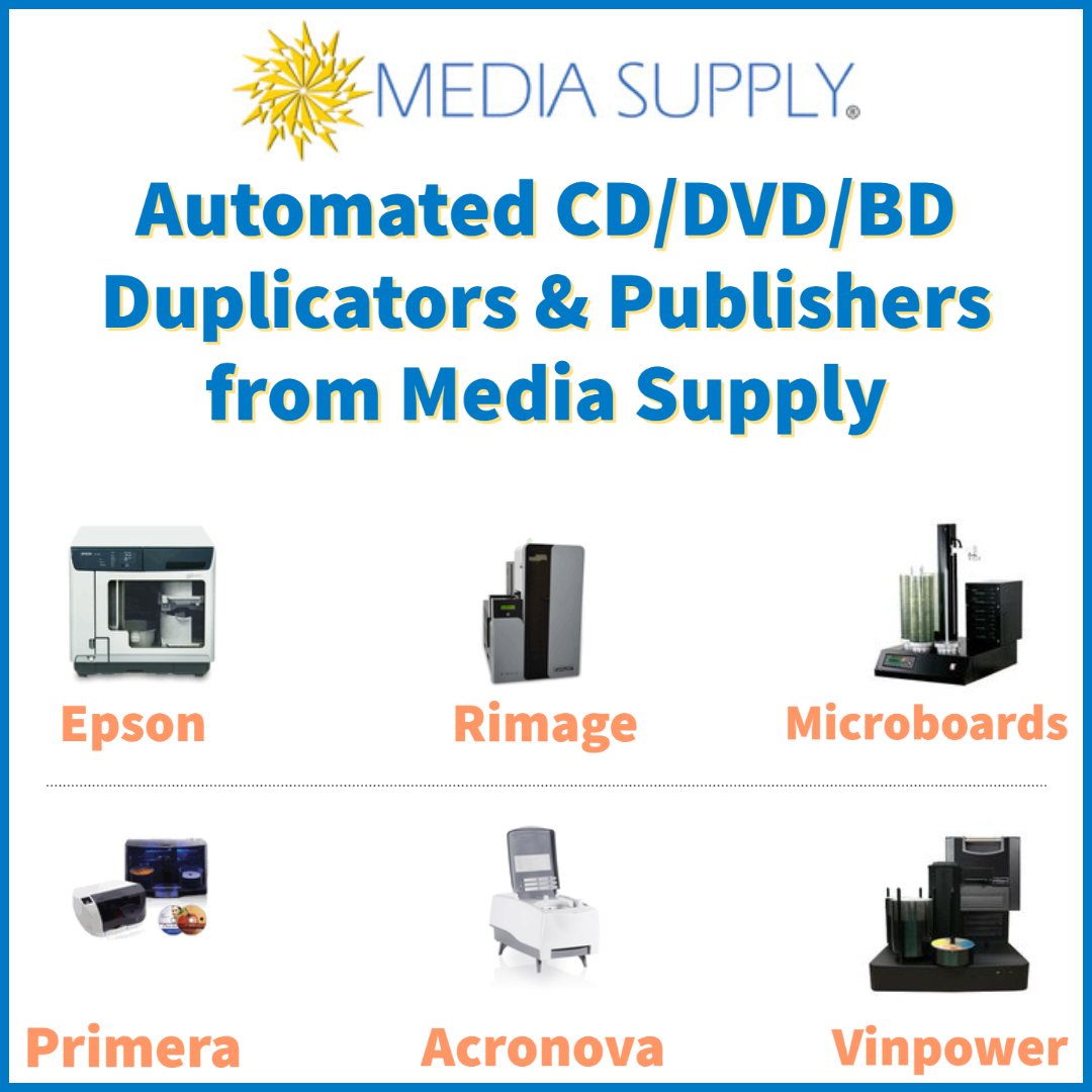 MediaSupply's tweet image. Automated CD/DVD/BD Copiers &amp;amp; Disc Publishers 

When you need hands-free #discduplication or #discpublishing, Media Supply has the right model to fit your needs. We carry models from manufacturers such as Rimage, Epson, Primera, Vinpower &amp;amp; more!
View at bit.ly/3JuNItt