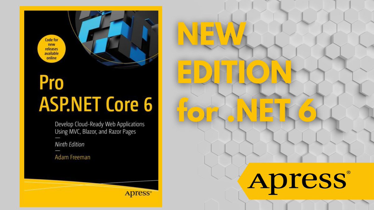 Apress's tweet image. We are thrilled to see a new edition of Pro ASP.NET Core coming from Adam Freeman. Tons of guidance plus a fully functioning Core application that can be used as a template. tinyurl.com/2ps4pue4 #DotNET #Blazor #RazorPages #Microsoft