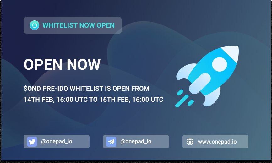 onepad_io's tweet photo. $OND Pre-IDO Whitelist is now open 🔥

Dear community,

We are excited to announce that our whitelist is now open for 250 pre-IDO spots worth $100 each to participate fill out below form 👇
 https://t.co/aK7zzleRck https://t.co/VAITG1y16R