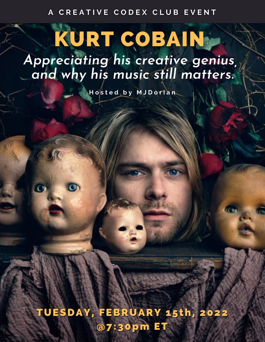Join me tomorrow on Creative Codex Club @ 7:30pm ET for a special session about Kurt Cobain’s creative genius. I’ll be joined by the ever insightful, David le Viseur <a href="/DavidleViseur/">David le Viseur</a> It’s going to be a meaning filled night: clubhouse.com/join/creative-… 🫀 #nirvana #KurtCobain