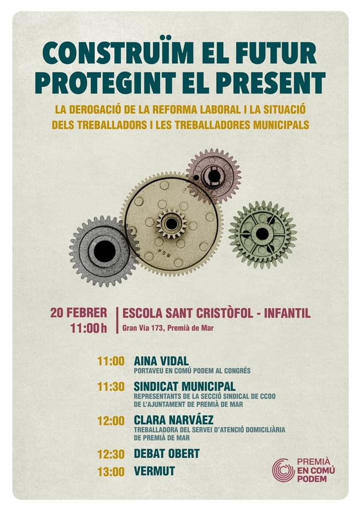 🔴 DIUMENGE 20 al Sant Cristòfol de la Gran Via 📣
Comptem amb l'Aina Vidal i amb treballadores municipals de #PremiàDeMar.
Per parlar sobre la #ReformaLaboral i el món del treball.