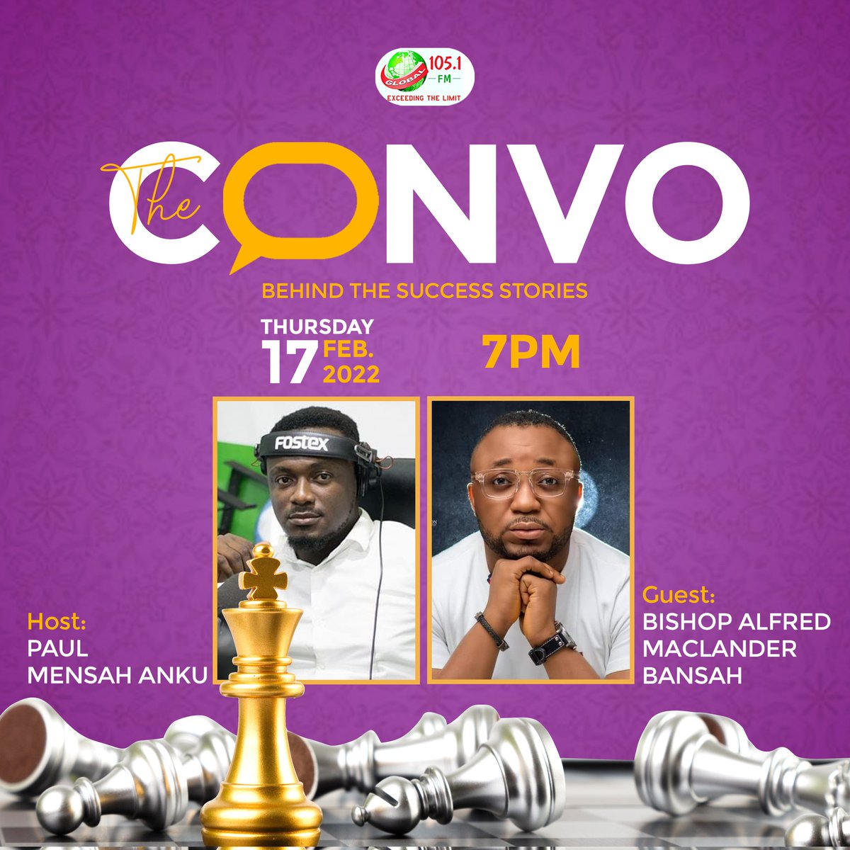 This week, we get up close and personal with Leader and Founder, God's Garden Ministries Int'l Bishop Alfred Maclander Bansah.
Tune in at 7pm on Thursday 17th February.
#TheConvo
For sponsorship detail,call: 0554455913
<a href="/paulmensahanku/">Paul Mensah Anku</a>