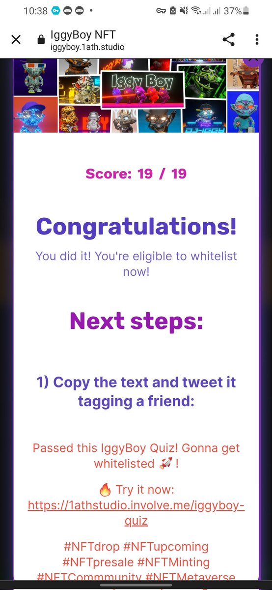 kiri771a's tweet photo. Passed this IggyBoy Quiz! Gonna get whitelisted 🚀 !

🔥 Try it now: https://t.co/a7amarFRhr

#NFTdrop #NFTupcoming #NFTpresale #NFTMinting #NFTCommmunity #NFTMetaverse #NFTWhitelist https://t.co/78S7z5yHft