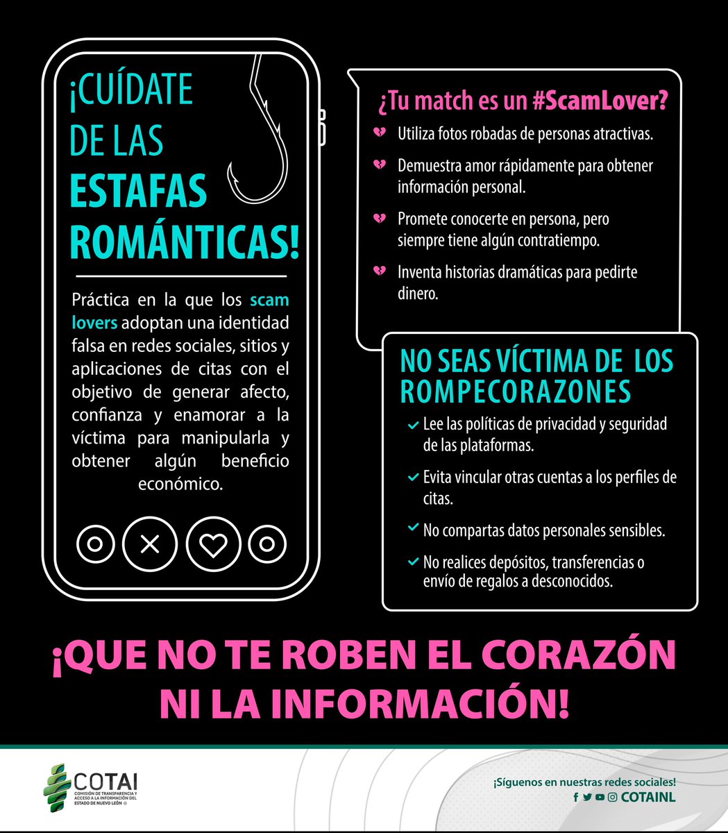 INFONLMX's tweet photo. ¿Crees que encontraste a tu pareja perfecta en #Internet? 👩🏻💻👨🏽💻
‼️ Te cuidado ‼️
La #EstafaRomántica es solo uno de los riesgos a los que te podrías exponer en las #AppsDeCitas ⚠️
Que no te roben el corazón ni la información 💔 https://t.co/tQXEXffiVT