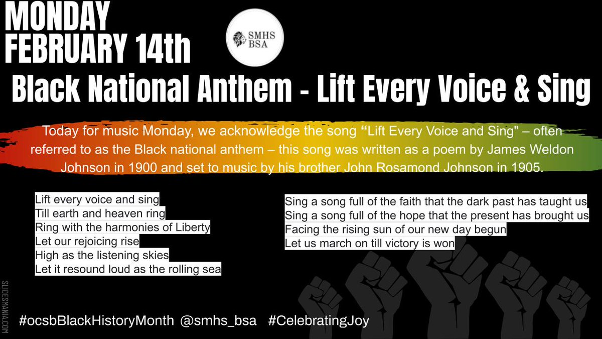 Today, the <a href="/StMarkOCSB/">St. Mark High School</a> BSA celebrates joy with playing "Lift Every Voice &amp; Sing", often referred to as the Black National Anthem youtube.com/watch?v=FvqWtW… #ocsbBlackHistoryMonth