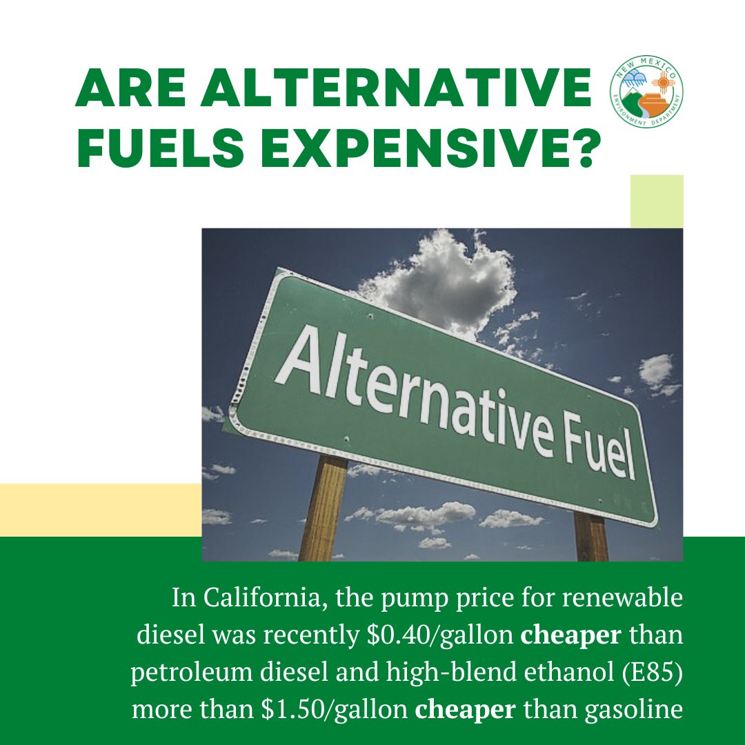 NMEnvDep's tweet photo. The price of alternative fuels like renewable diesel and E85 is historically cheaper than their more carbon intense traditional counterparts. Tune into the HGEIAC hearing on SB14 at https://t.co/XCgFbWpnAN #nmleg #nmpol #CleanFuelStandardNM https://t.co/tJl0ZwEmsq