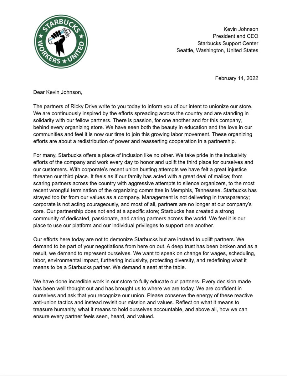 SBWorkersUnited's tweet photo. First Jacksonville store joins the movement!

“Starbucks has strayed too far from our values as a company. Management is not delivering transparency, corporate is not acting courageously, and most of all, partners are no longer at our company’s core.” We’re here to change that. https://t.co/ZyFoduJF6q