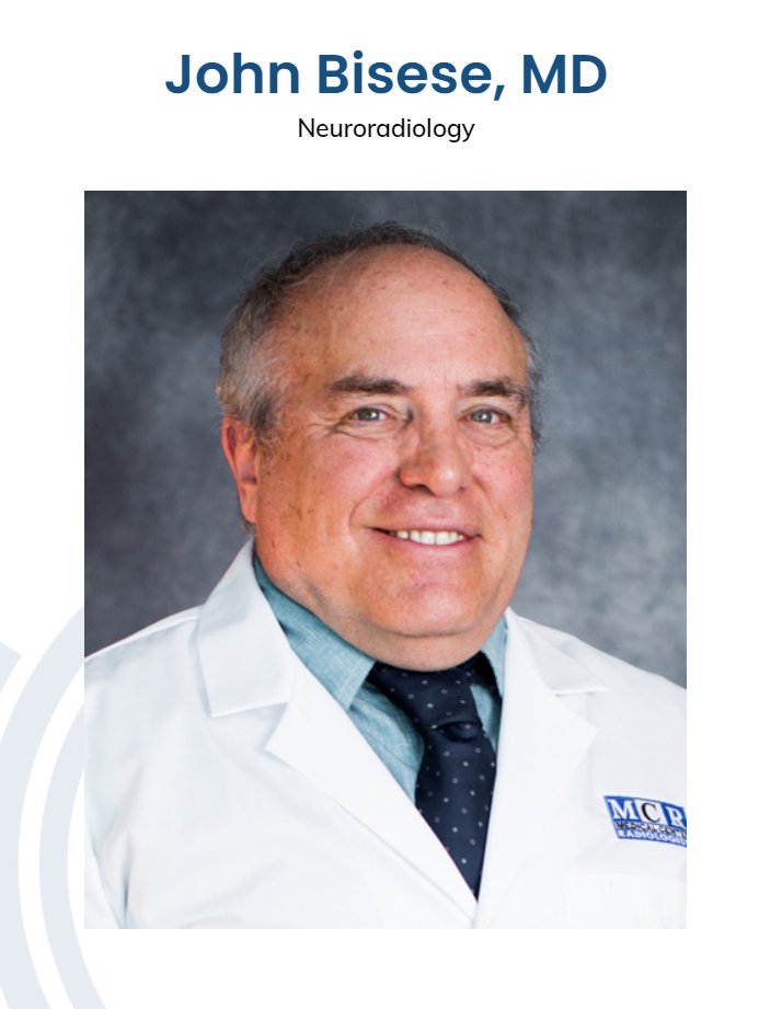 Meet MCR Neuroradiologist John Bisese, MD. mcrrads.com/john-bisese-md… #MeetOurTeam #MedicalCenterRadiologists #mskradiology #radiology
