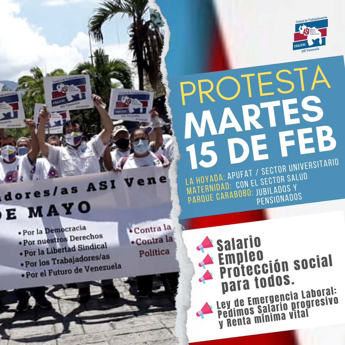 Central de Trabajadores ASI Venezuela se une a la exigencia por nuestros derechos, salario, empleo, protección social. ¡Es de vital importancia la ley de emergencia laboral! Acompáñanos este 15 Feb por la defensa de los trabajadores. 
<a href="/CNVLatam/">CNVLatinoamérica</a> 
<a href="/CSA_TUCA/">CSA-TUCA</a> 
<a href="/ituc/">ITUC</a> 
<a href="/cfdt/">CFDT</a>