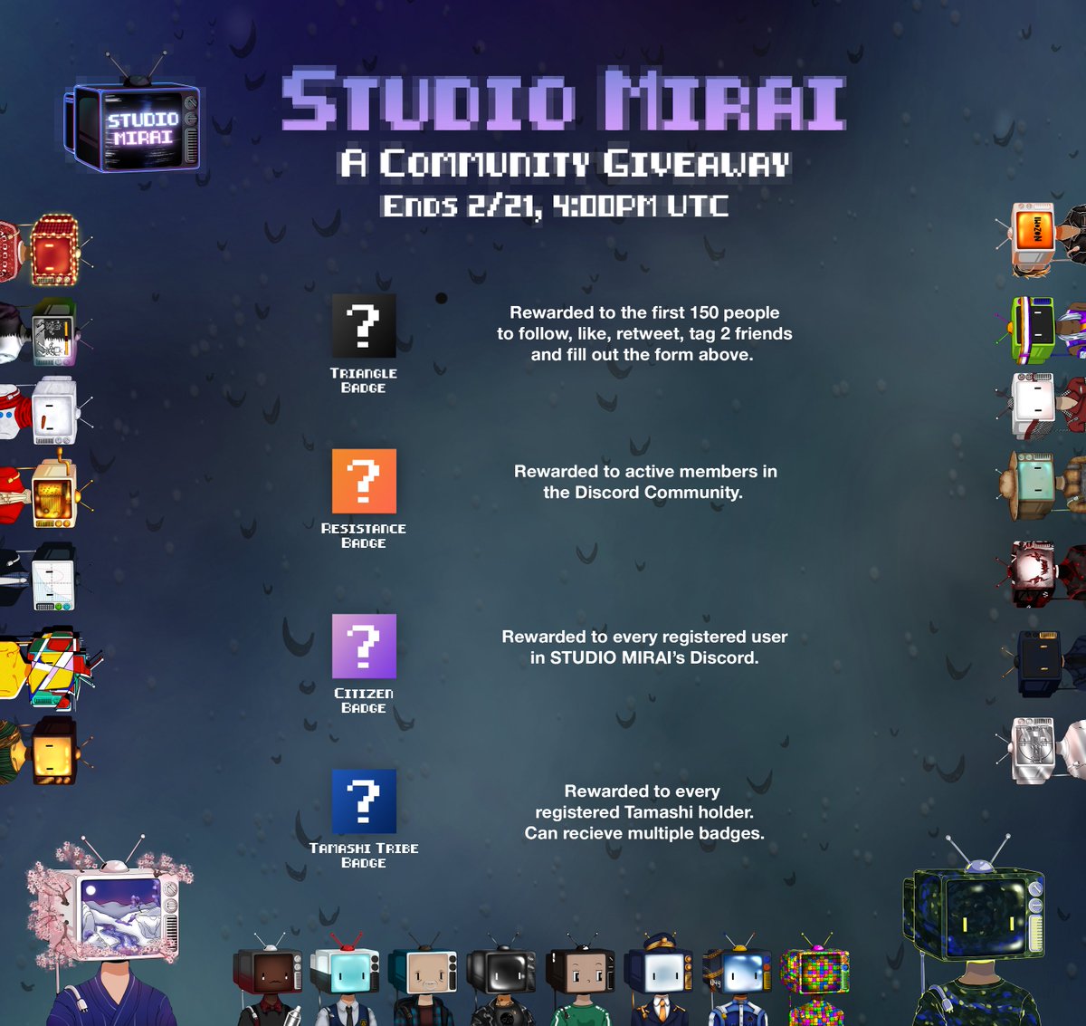 _StudioMirai's tweet photo. A COMMUNITY GIVEAWAY

Make sure to follow, like, retweet, tag 2 friends and fill this form https://t.co/epTfv7oiKD to be able to receive a Triangle Badge! 

Badges may be redeemable for future special edition collectibles.

Snapshot will be taken on February 21 at 4:00PM UTC! https://t.co/auFNq4x8rg