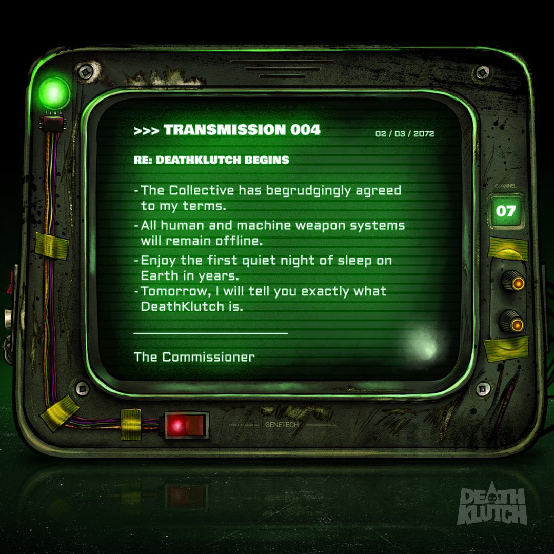 DeathKlutchNFT's tweet photo. #NFTGiveaway 

Own a part of DeathKlutch history! Giving away Transmission #004 which will serve as a WhiteList pass while being a unique 1/1 #NFT. 

1️⃣ Follow @DeathKlutchNFT 
2️⃣ Like and retweet
3️⃣ Tag three others

Winner chosen in 48 hours!

#NFTGiveaways https://t.co/Gnyvwk5nex