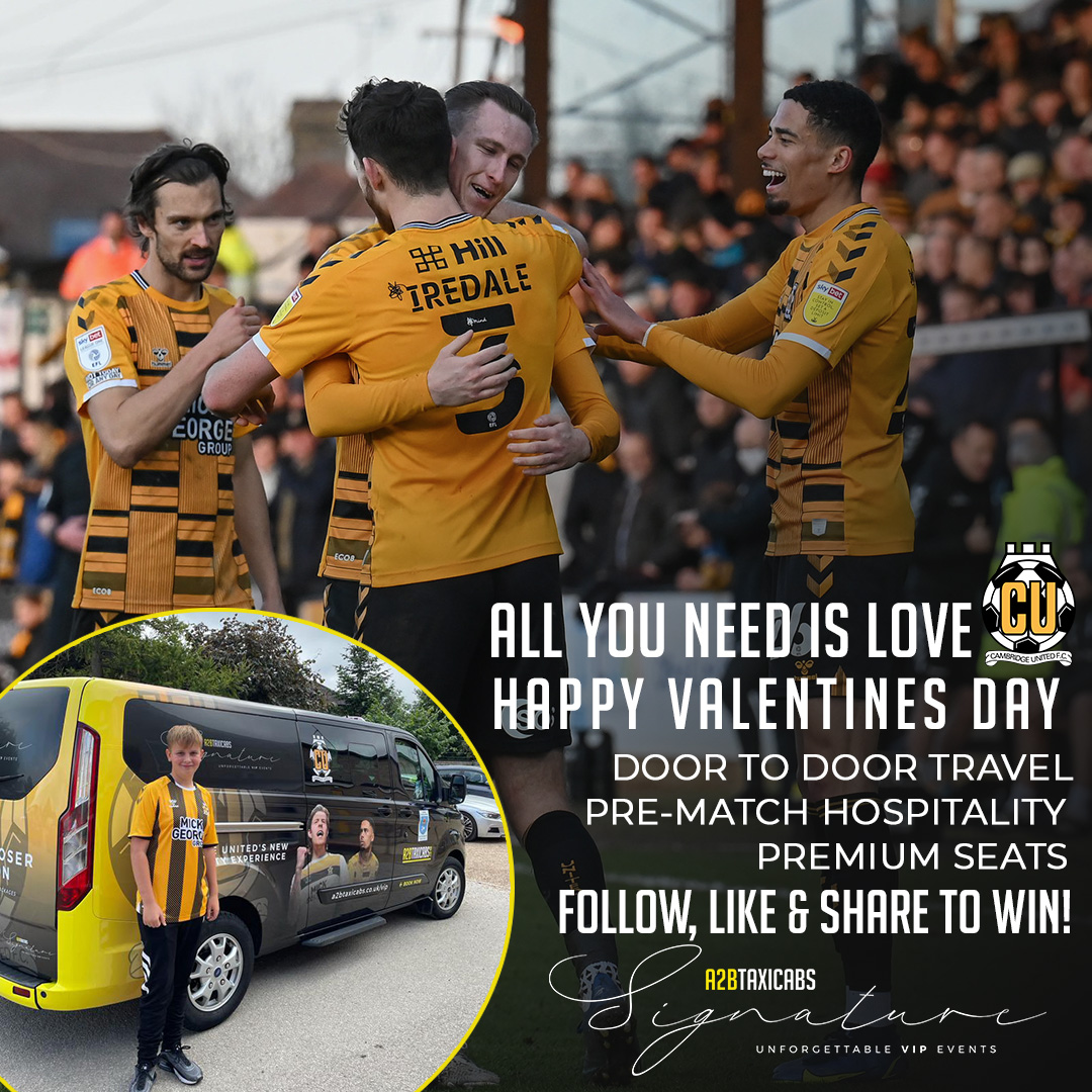 A2BTaxiCabs's tweet image. 🧡Happy Valentine's Day🖤 

🥂 WIN &amp;amp; treat someone special with a Signature Hospitality Package for four people, for @CambridgeUtdFC's clash with @only1argyle next week!

For chance to win:
Follow @A2BTaxiCabs , Like &amp;amp; RT 🥰

#ValentinesDay2022