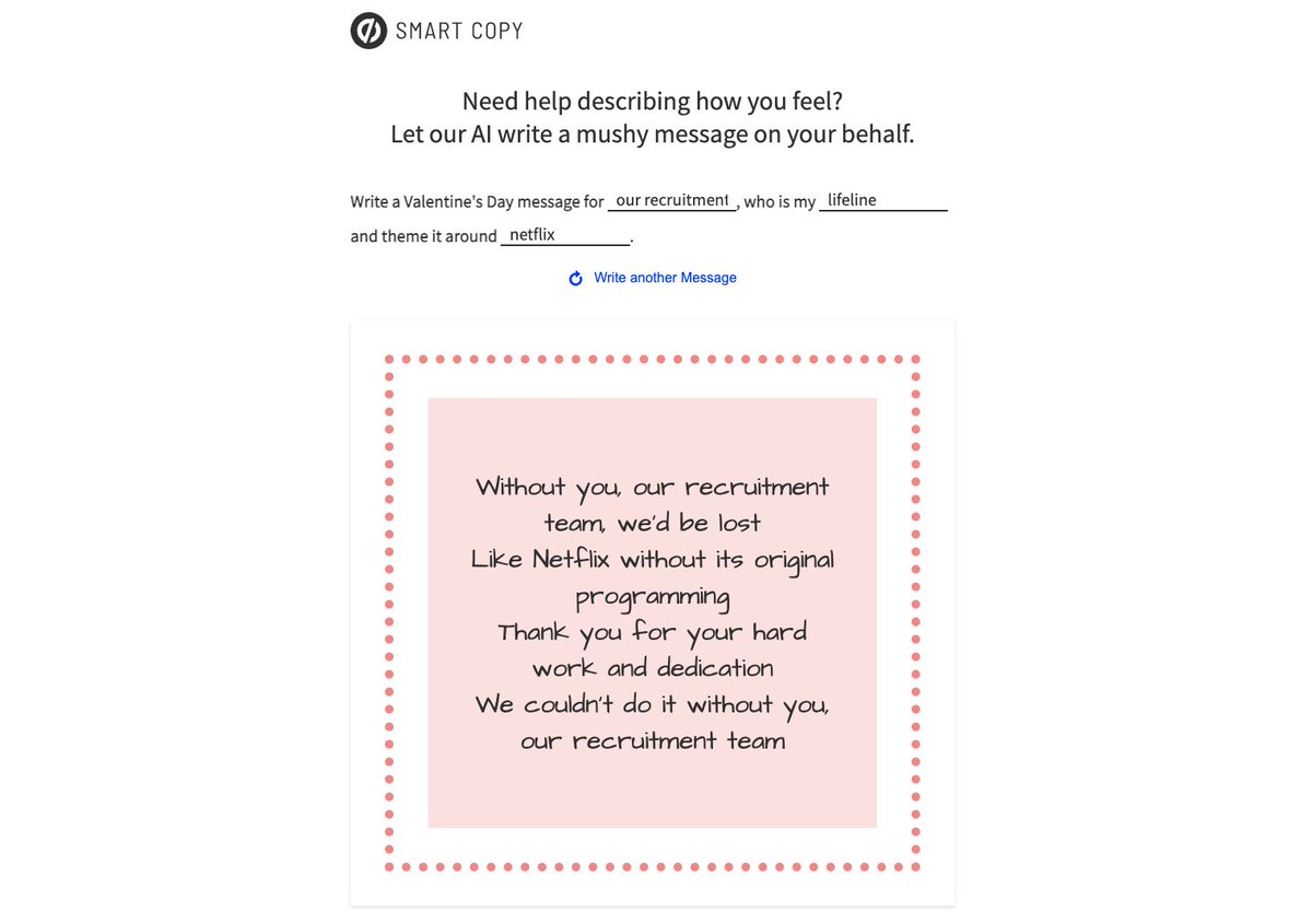 Colleague appreciation train! ❤️🚂

If you want to send some appreciation to a colleague today but can't write a poem to save your life, don't worry.

Smart Copy can do it for you! 🤖 

Try it now &amp; drop your poems below 👀⬇️ 

➡️ mkt.unbounce.com/3uOZs6j