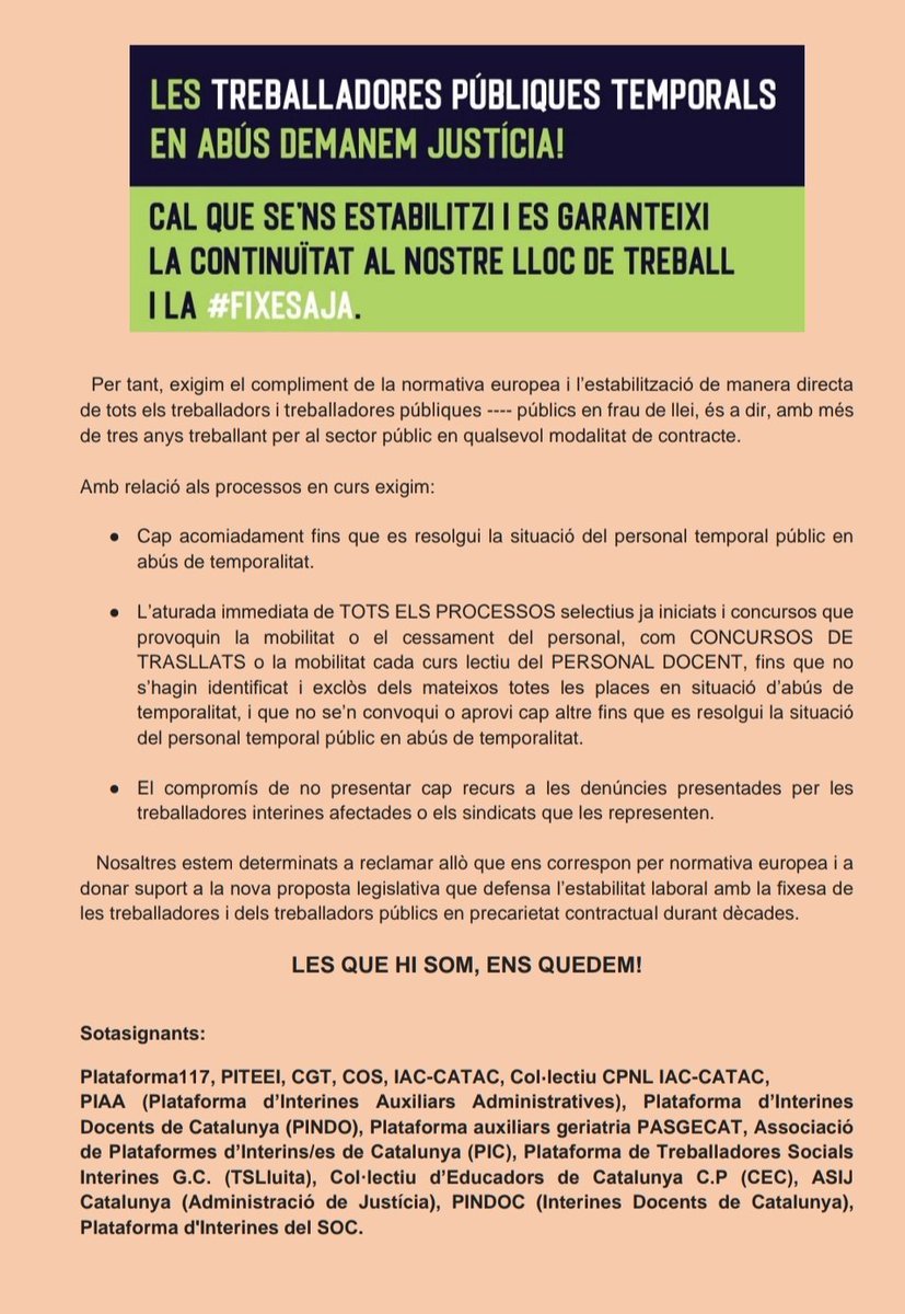 CATAC_IAC's tweet photo. Carta del personal temporal en abús de temporalitat a les administracions públiques de Catalunya dirigida als grups polítics del @parlamentcat que estan tramitant la Llei d'Estabilització de les treballadores i treballadors del sector públic.

#FixesaJa
#LesQueHiSomEnsQuedem https://t.co/QnC14CxRbO
