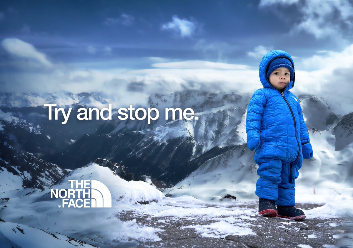 diegomelendez's tweet photo. @thenorthface my one year old’s new motto now that he has this awesome snowsuit. He loves it and captured this photo of him and decided to have a little fun! #designerdad https://t.co/U8oRfs4lI1