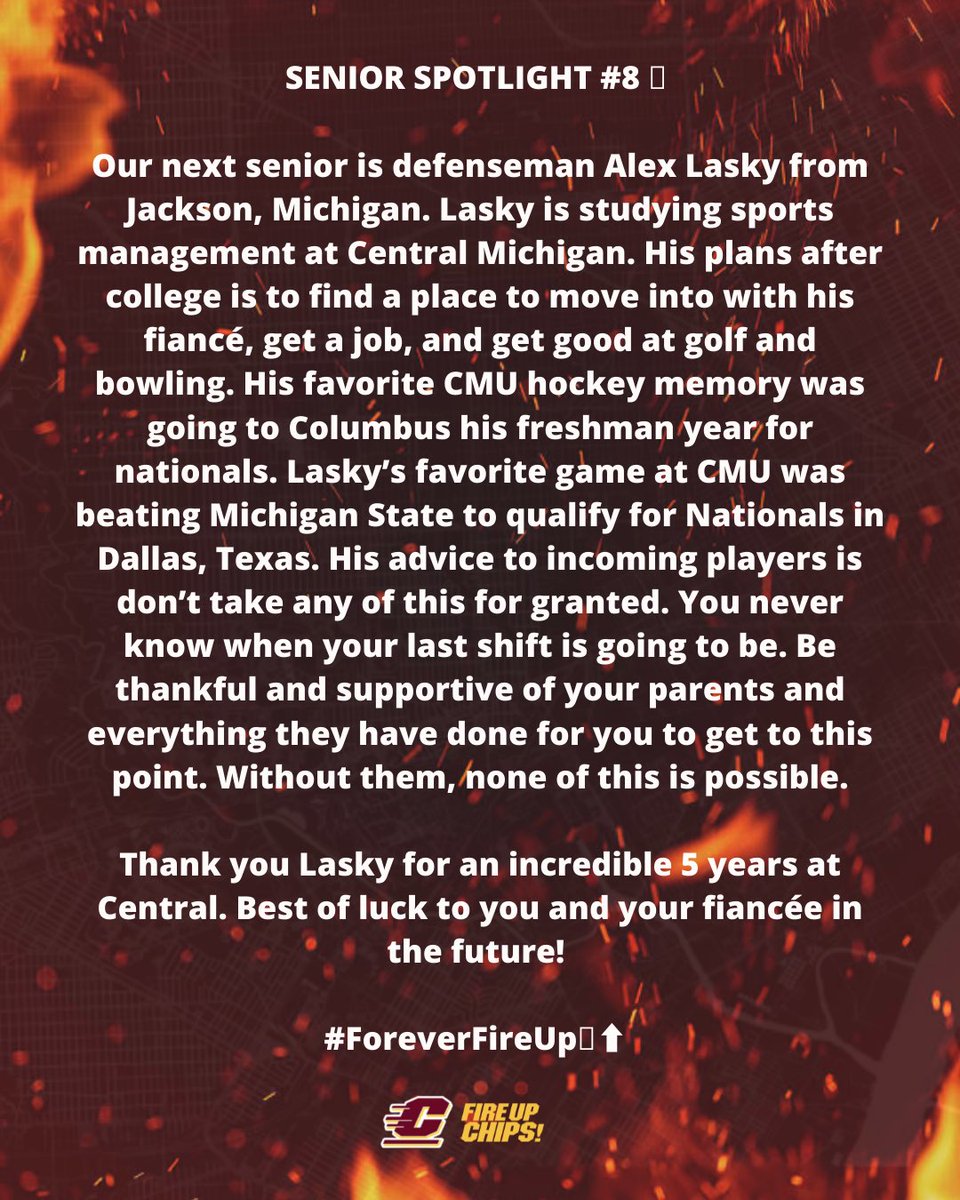 CMUHOCKEYDIII's tweet photo. SENIOR SPOTLIGHT #8 🔦
Thank you Lasky for an incredible 5 years at Central. Best of luck to you and your fiancée in the future!
#ForeverFireUp🔥⬆️ https://t.co/qC1Lp7ubcc