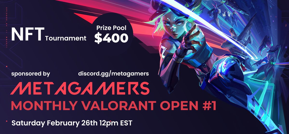 MetagamersGG's tweet photo. 🏆Upcoming Tournament!🏆 We’re hosting our first ever VALORANT tournament on Feb. 26th at 12pm EST. Free to enter with a $400 prize pool + whitelist spots for our MetaGamers NFT. Learn more and sign up here: https://t.co/ZX3LKhVgWy.

#valorant #tournament #valorantplay #NFTs https://t.co/KfSd5CqIe2