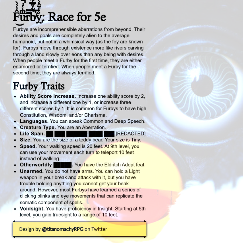 mods are asleep, post playable furby race for D&D 5e