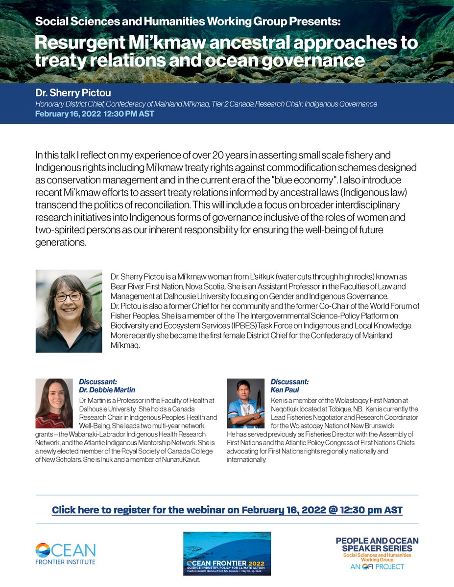 Be sure to join MELAW Professor @SherryPictou for a talk on resurgent Mi'kmaw ancestral approaches to treaty relations and ocean governance on February 16 at 12:30 AST.  Register here: bit.ly/3sCMNQS
#OceanGovernance