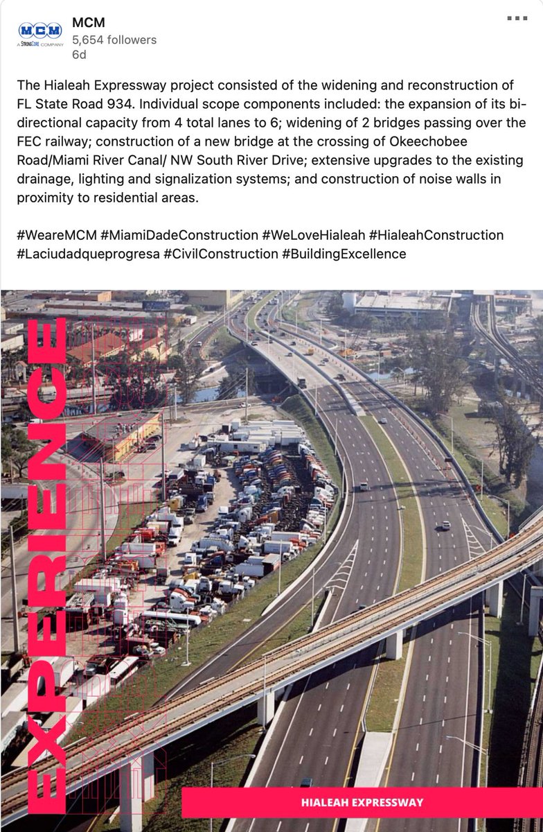 BecauseMiami's tweet photo. MCM — the bankrupt construction company and generous political donor behind the FIU bridge collapse that killed six people and is owned by @RepCarlos's family — touted the new Hialeah Expressway bridges they built and widened on Linkedin last week #BecauseMiami https://t.co/ApvDq6SJCz