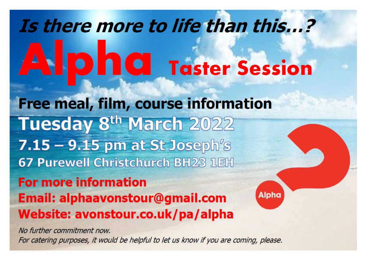 RichSSW's tweet photo. Want to explore the basics of your own faith a bit more? Go deeper in your relationship with God?
Come to ALPHA 2022 at St Joseph's Christchurch.
Begin with a one-off “Taster Session” with no further commitment. https://t.co/80aN7uvFvs https://t.co/EE6vCNz3vG