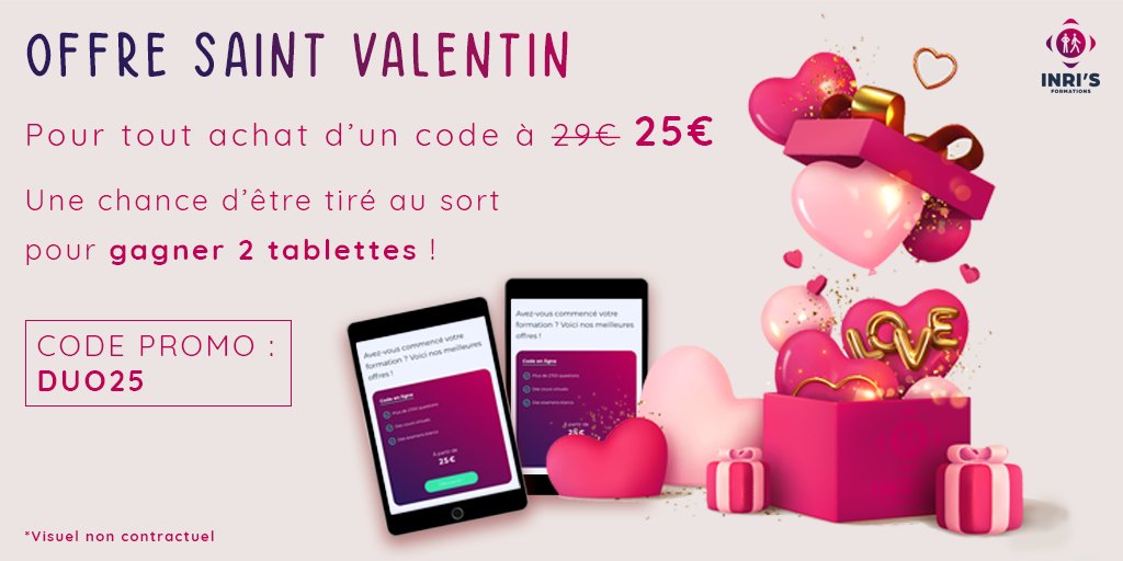 Bonne fête à tous les amoureux (de la conduite 😉) ! 
✨Avec le code promo DUO25 passe ton code pour 25€ et tente de gagner 2 tablettes par tirage au sort le 1 mars ! 👉inris-formations.com

#saintvalentin #amoureux #permisb  #codepromo